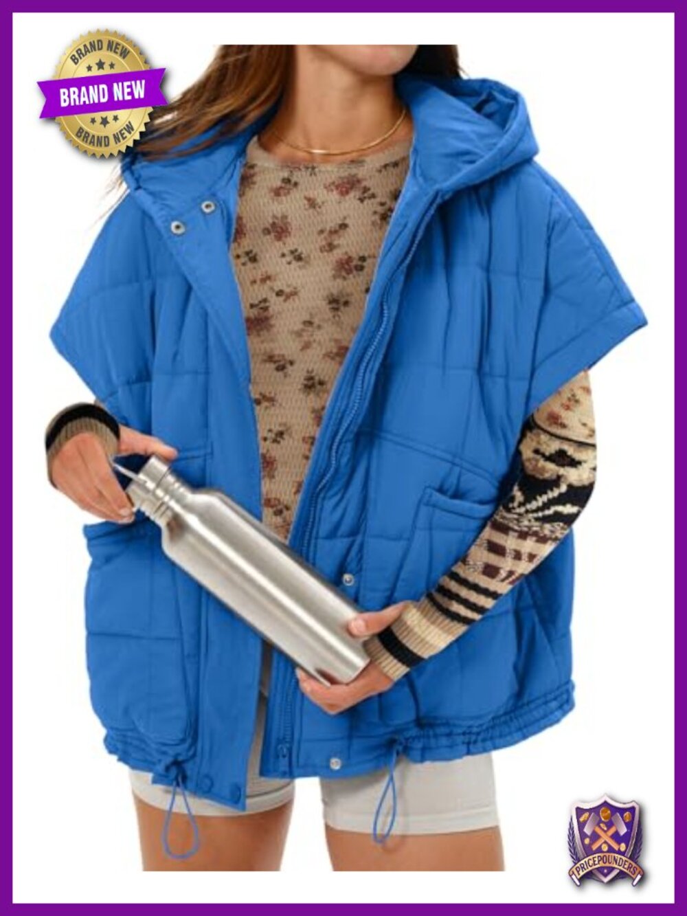 Oversized Quilted Puffer Vest Hooded Zip Front Cap Sleeve Winter